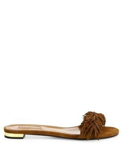 Shop Aquazzura Wild Thing Fringed Suede Slides In  Blue