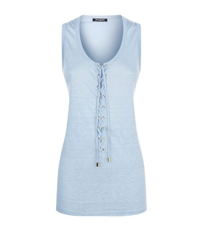 Shop Balmain Lace-up Linen Tank Top