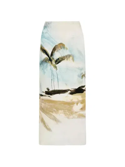 Oscar De La Renta Palm Tree Printed Satin Pencil Skirt In Neutral