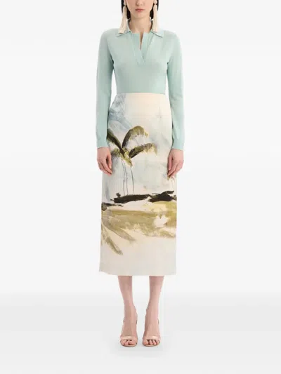 Oscar De La Renta Palm Tree Printed Satin Pencil Skirt In Neutral