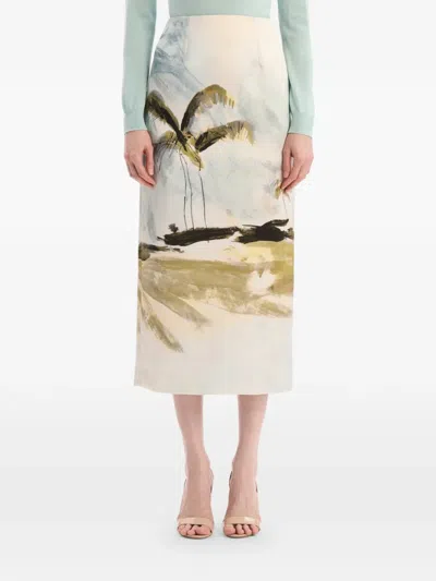 Oscar De La Renta Palm Tree Printed Satin Pencil Skirt In Neutral