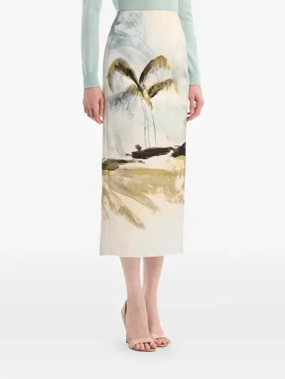 Oscar De La Renta Palm Tree Printed Satin Pencil Skirt In Neutral
