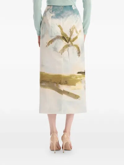 Oscar De La Renta Palm Tree Printed Satin Pencil Skirt In Neutral