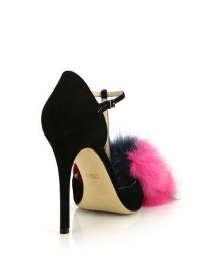 Shop Fendi Suede, Mink & Fox Fur T-strap Sandals In Black-multi