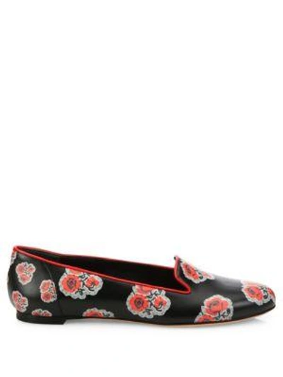 Shop Alexander Mcqueen Floral-print Leather Smoking Loafers In Black Red