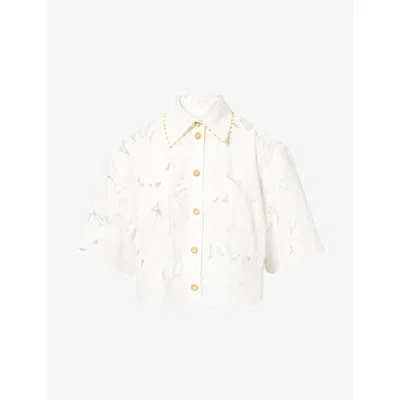 Zimmermann Womens Ivory Mahon Embroidered Cropped Cotton Shirt Xl In White