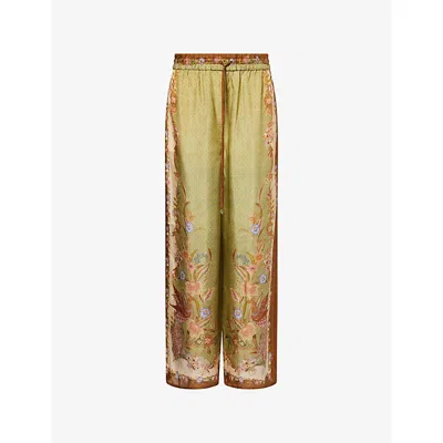 Zimmermann Womens Khaki Scarf Floral Indra Wide-leg Silk Trousers In Green