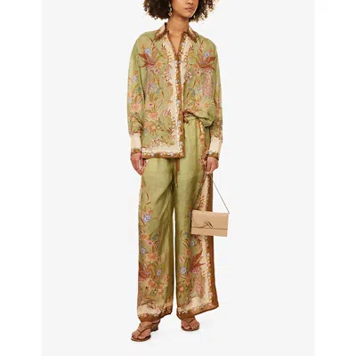 Zimmermann Womens Khaki Scarf Floral Indra Wide-leg Silk Trousers In Green
