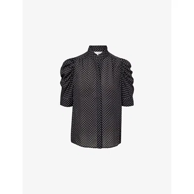 Frame The Gillian Ruched Polka-dot Silk-crepe Blouse In Blue