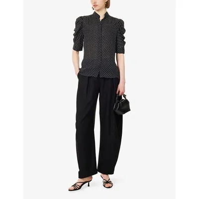Frame The Gillian Ruched Polka-dot Silk-crepe Blouse In Blue