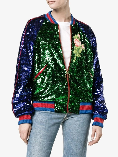 Shop Gucci Sequin Embellished Bomber Jacket In Multicolour