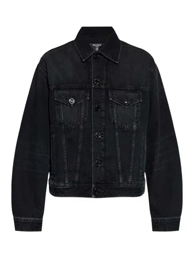 Balmain Long Sleeve Silk Nylon Jacket Front Pockets In Black