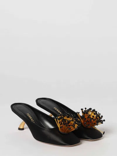 Ferragamo Black Heeled Sandals With Crystal Decoration On The Front In Fabric For Women
