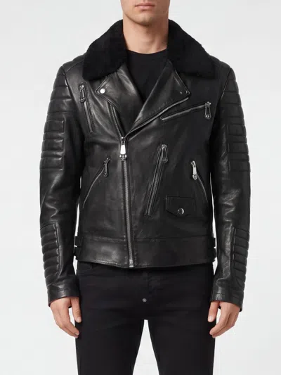 Philipp Plein Leather Biker Jacket With Shearling Collar In Black