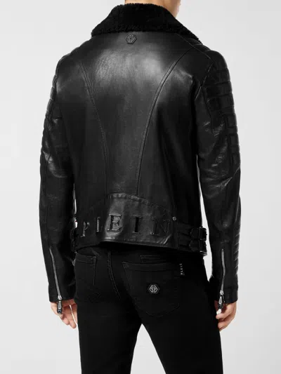 Philipp Plein Leather Biker Jacket With Shearling Collar In Black