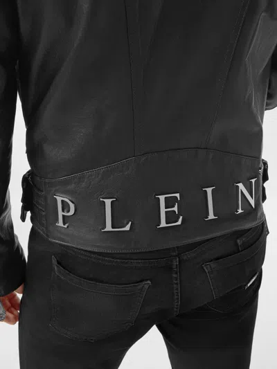 Philipp Plein Leather Biker Jacket With Shearling Collar In Black