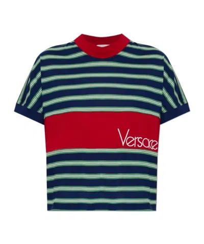 Versace Logo-embroidered Striped Cotton-jersey T-shirt In Black