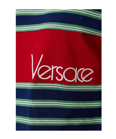Versace Logo-embroidered Striped Cotton-jersey T-shirt In Black
