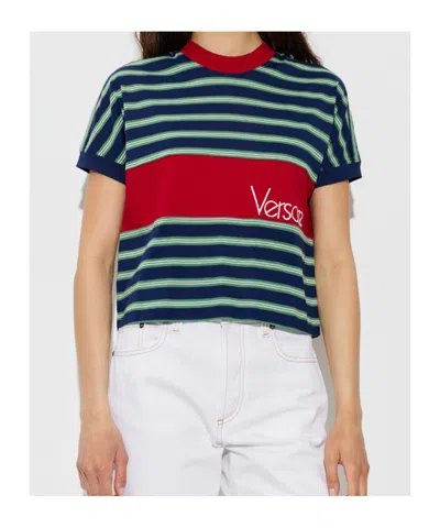 Versace Logo-embroidered Striped Cotton-jersey T-shirt In Black