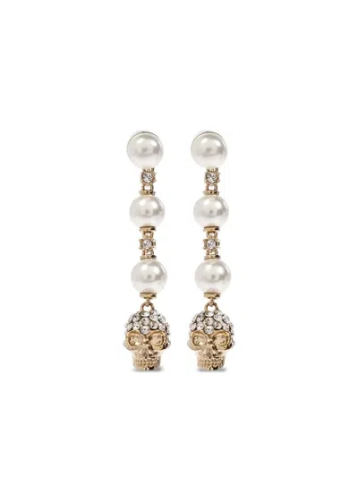 Alexander Mcqueen Skull And Pearl Earrings In Pale Gold Accessories In White