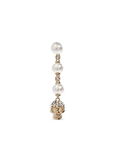 Alexander Mcqueen Skull And Pearl Earrings In Pale Gold Accessories In White