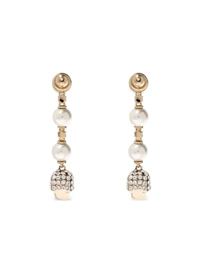 Alexander Mcqueen Skull And Pearl Earrings In Pale Gold Accessories In White