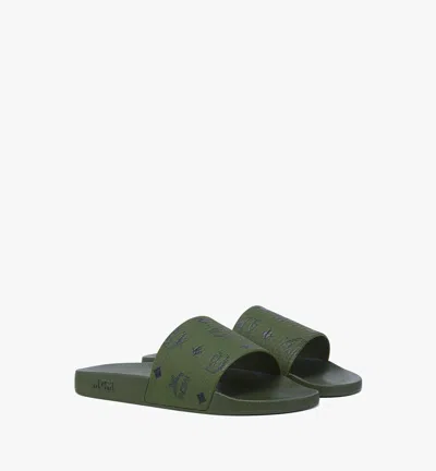 Mcm Monogram Print Rubber Slides In Green