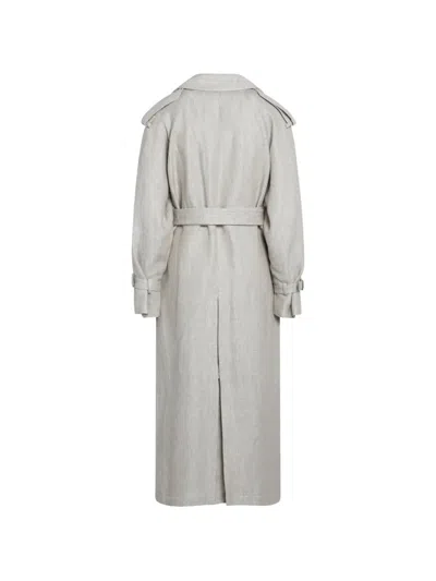 Max Mara Sand-coloured Double-breasted Duster Coat In Linen Drill In White