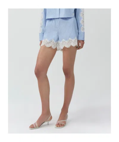 Simkhai Emmie Lace-trimmed Striped Cotton Shorts In Blue
