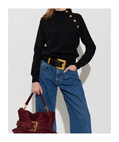 Balmain Button-embellished Raglan-sleeve Sweater In Black