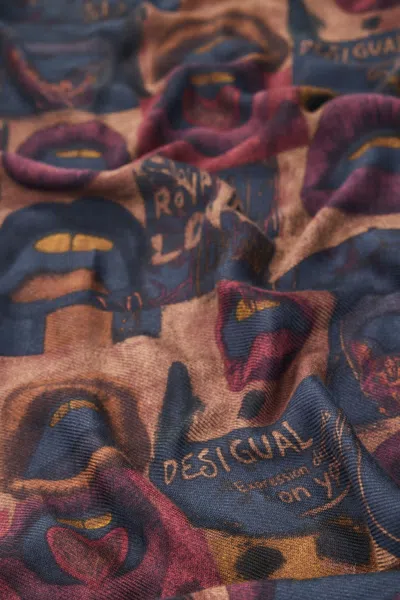 Desigual Rectangular Scarf Lips In Multi