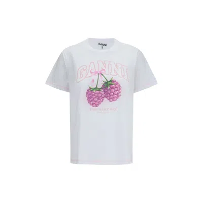 Ganni Raspberry Printed T-shirt In White