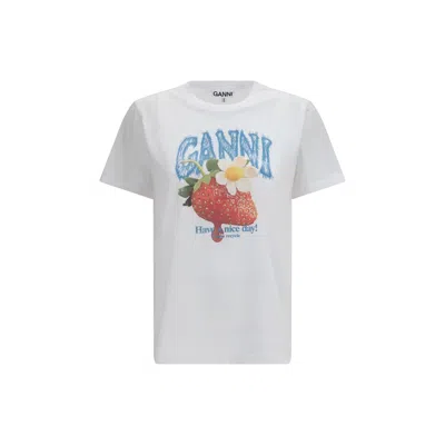 Ganni Womens Bright White Jersey Strawberry Printed Round-neck Cotton-jersey T-shirt In Multi