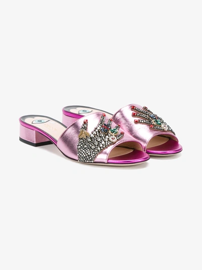 Shop Gucci Crystal Hand Applique Sandals In Pink&purple