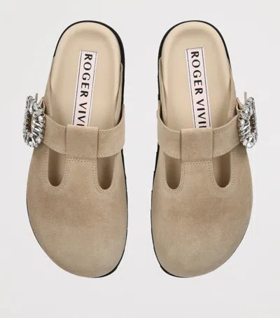 Roger Vivier Mules Round Toe Flat Sole Suede Buckle In Brown