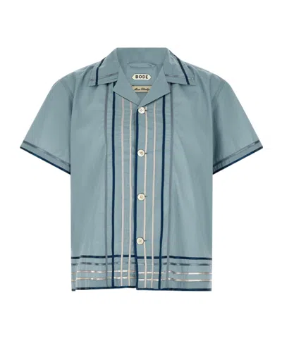 Bode Striped Cotton Bowling Shirt With Cuban Collar And Short Sleeves In Blue