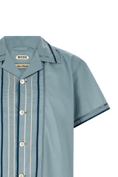 Bode Striped Cotton Bowling Shirt With Cuban Collar And Short Sleeves In Blue
