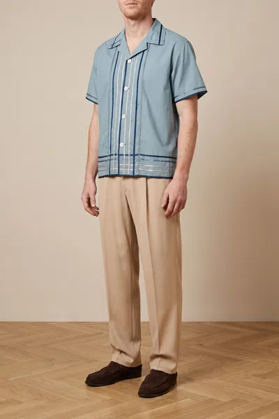 Bode Striped Cotton Bowling Shirt With Cuban Collar And Short Sleeves In Blue