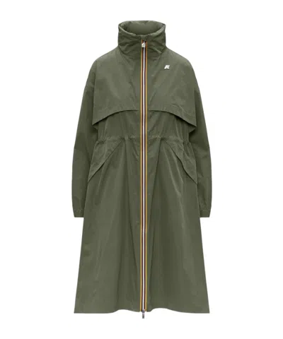 K-way Aube Memory Touch Drawstring Panelled Coat In Green