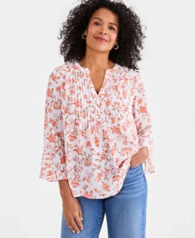 Style & Co Style Co Womens Printed Pintuck Ruffle Sleeve Top Macys Exclusive In Pink