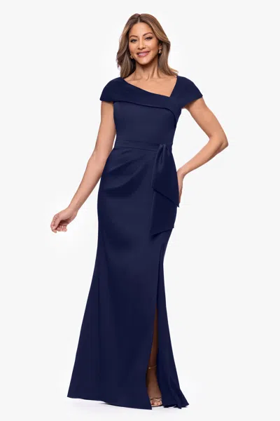 Xscape Evenings Asymmetric Neck Scuba Trumpet Gown In Blue