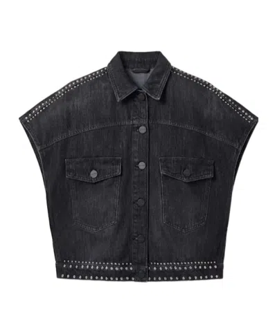 Allsaints Alba Stud Short Sleeve Denim Shirt In Shadow Black