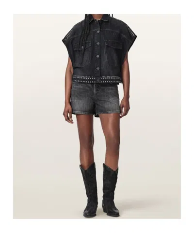 Allsaints Alba Stud Short Sleeve Denim Shirt In Shadow Black