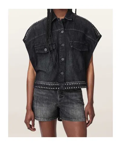 Allsaints Alba Stud Short Sleeve Denim Shirt In Shadow Black