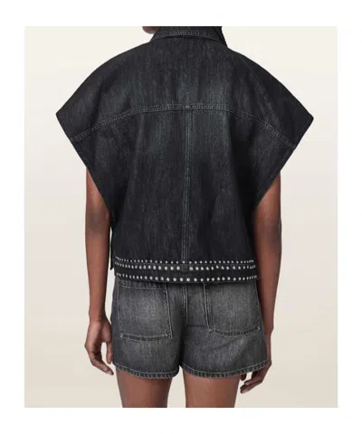 Allsaints Alba Stud Short Sleeve Denim Shirt In Shadow Black