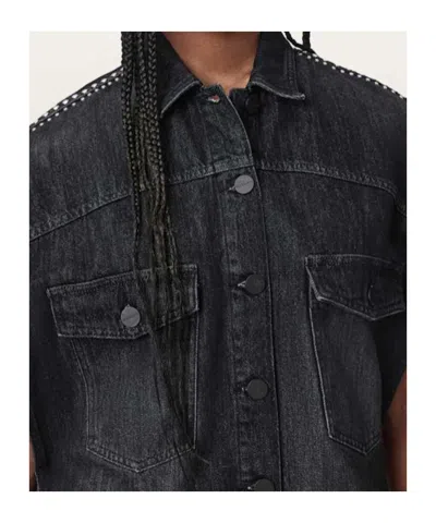 Allsaints Alba Stud Short Sleeve Denim Shirt In Shadow Black