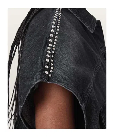 Allsaints Alba Stud Short Sleeve Denim Shirt In Shadow Black