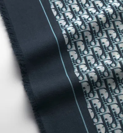 Dior Rectangular Scarf Long Cut Fringed Edges In Blue