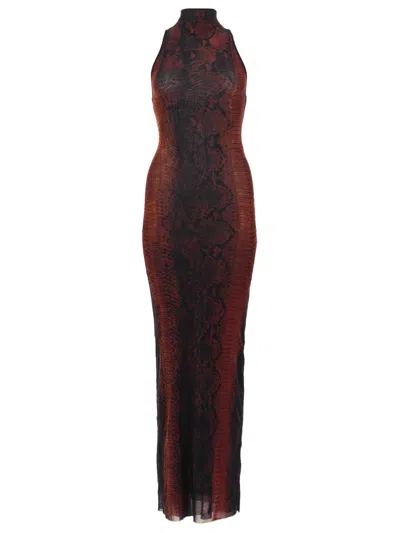 Jean Paul Gaultier Multicolor Snake Print High Neck Polyamide Maxi Dress In Black