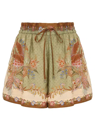 Zimmermann Indra Relaxed Silk Shorts Khaki Scarf Floral In Green